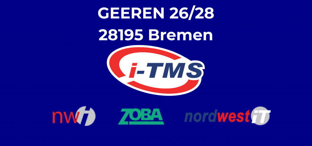 Es ist das i-TMS Logo sowie alle Logos der Verbundspartner auf einem blauen Hintergrund unter der neuen Gechäftsadresse zu sehen