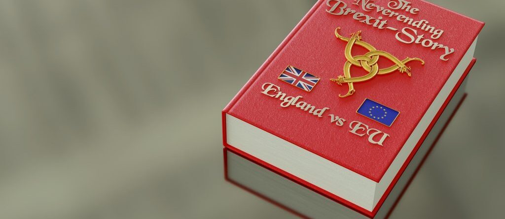 Unscharfer Hintergrund, im Vordergrund ist ein rotes Buch auf dem "A Neverending Story Brexit vs EU" steht