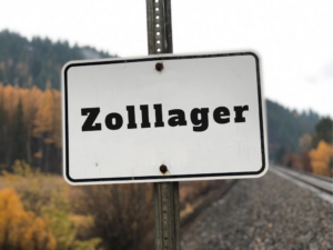 Im Vordergrund ist ein Schild zu sehen auf dem Zolllager steht, der Hintergrund ist unscharf, man Sieht Bäume und eine Bahnschiene