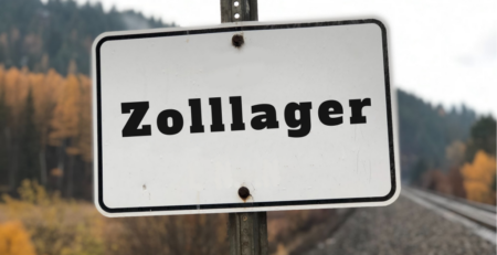 Im Vordergrund ist ein Schild zu sehen auf dem Zolllager steht, der Hintergrund ist unscharf, man Sieht Bäume und eine Bahnschiene