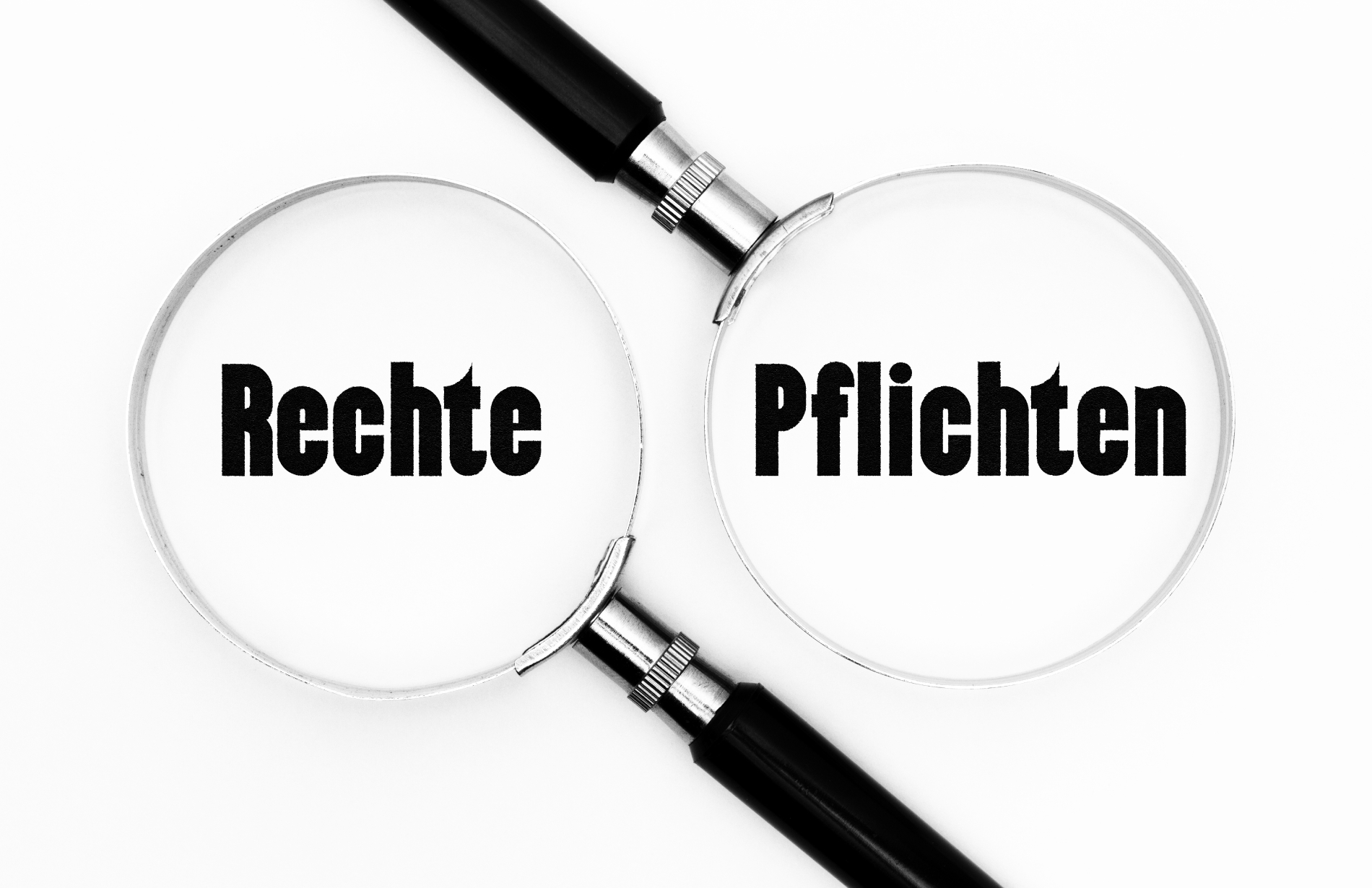 Weißer HIntergrund, 2 Lupen in den Lupen stehen jeweils die Wörter "Rechte" & "Pflichten"