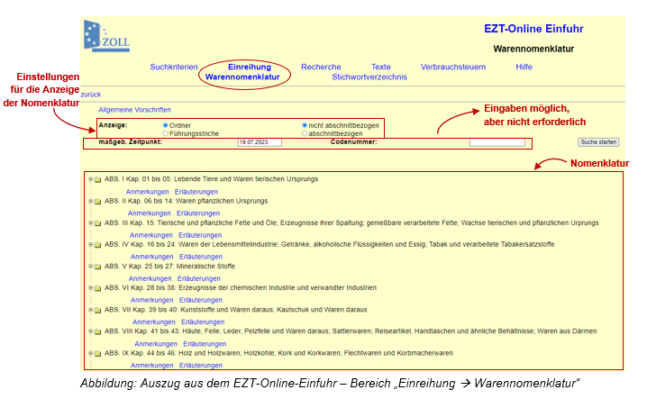 Ezt online Warennomenklatur Einstellungen