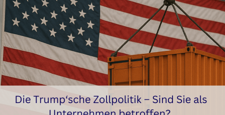 US-Flagge mit schwebendem Frachtcontainer symbolisiert die Zollpolitik der USA unter Donald Trump und deren Einfluss auf internationale Unternehmen.