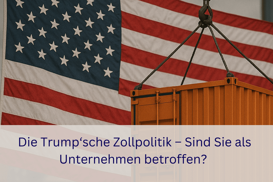 US-Flagge mit schwebendem Frachtcontainer symbolisiert die Zollpolitik der USA unter Donald Trump und deren Einfluss auf internationale Unternehmen.