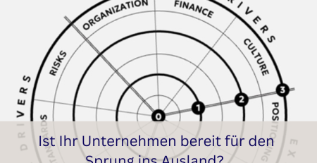 iagramm des „International Growth Readiness Radar“ – Darstellung der Unternehmensreife für Internationalisierung mit Bewertungsstufen von 0 bis 3 und Radar-Grafik zu internen und externen Treibern wie Organisation, Finanzen, Kultur, Marktpositionierung und rechtlichen Standards.